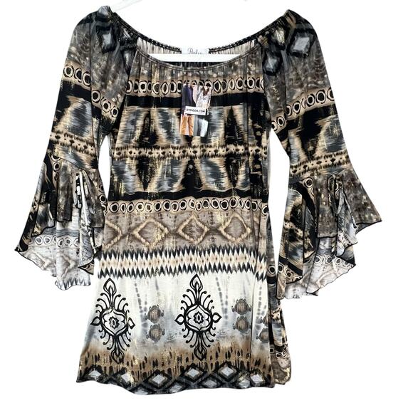 Parker Mini Dress XS Black Gray Tan Gold Abstract Stretch Bell Sleeve Boho Chic - Picture 3 of 14